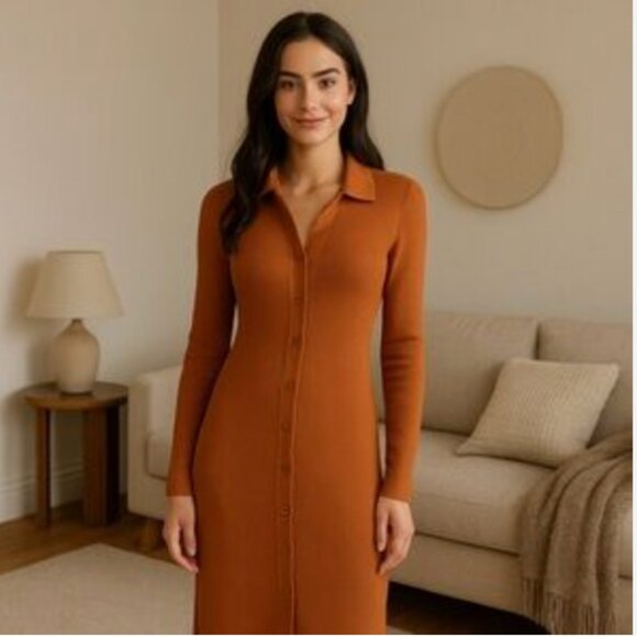 Aritzia Wilfred Cove Long Sleeve Knit Ribbed Dress Oriole Orange Size Large - Picture 1 of 7